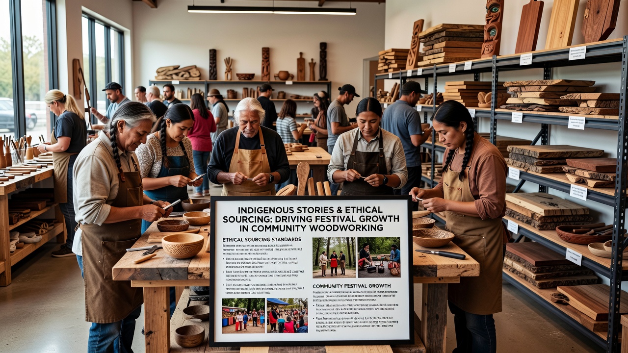 Festival attendees participate in a hands-on woodworking session using timber sourced according to indigenous guidelines