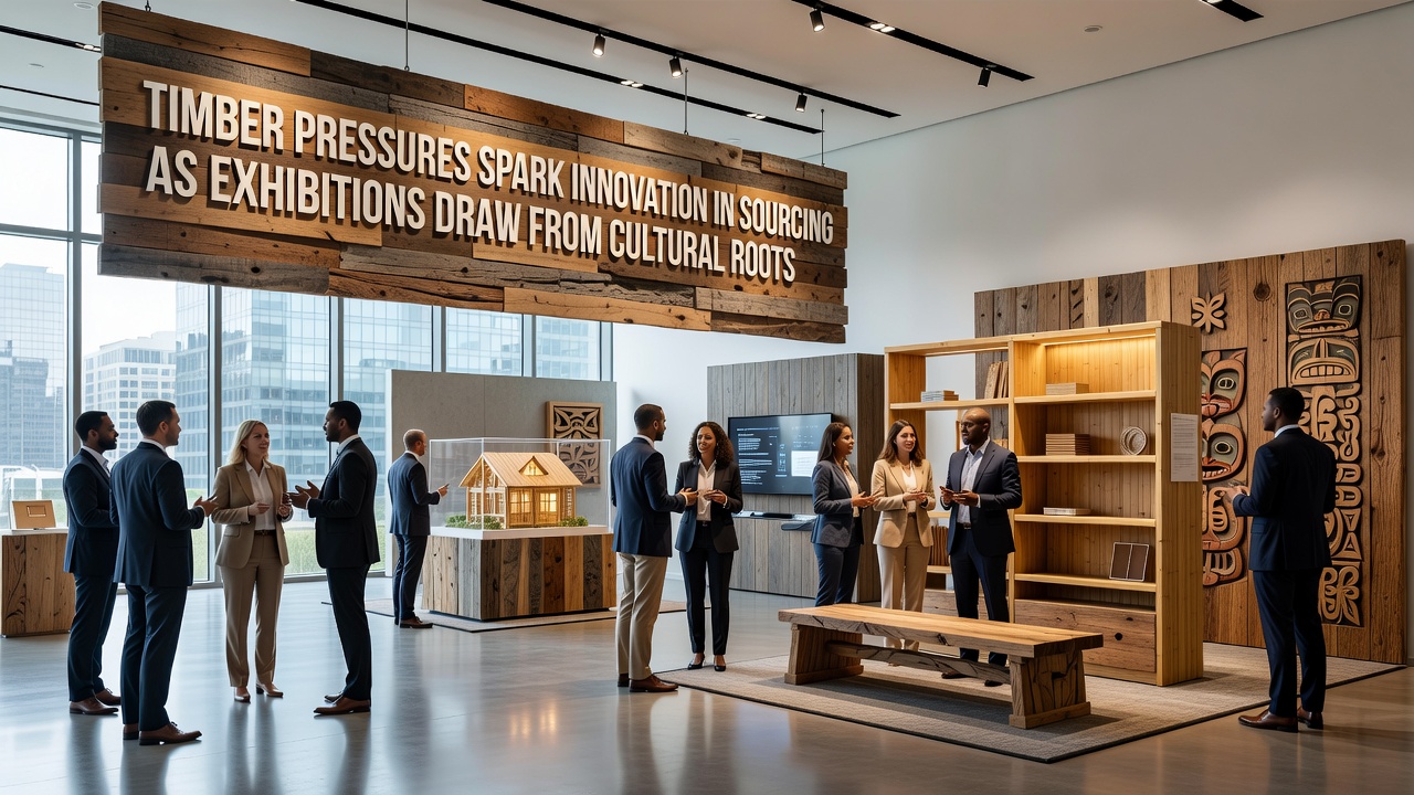 Cultural wood carving exhibition display featuring heritage motifs and reclaimed timber pieces